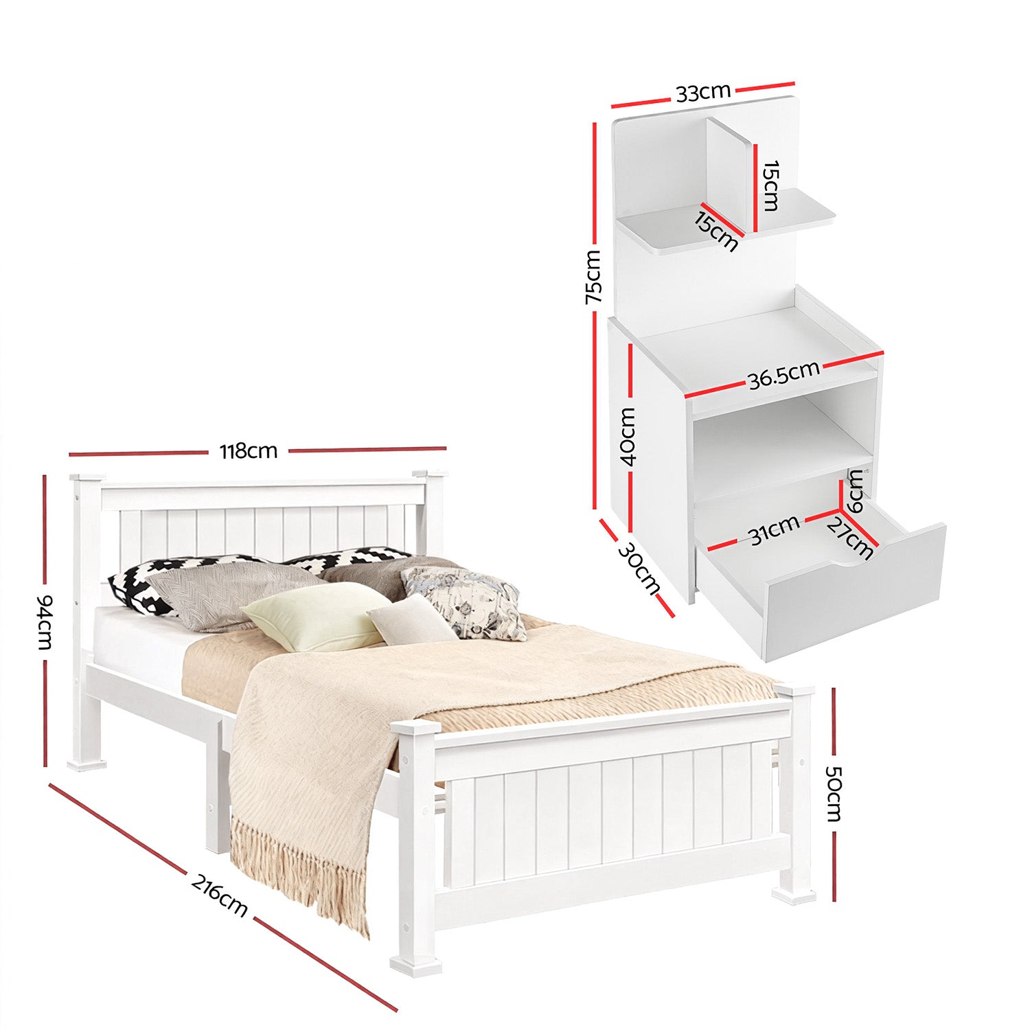 Artiss King Single Bed Frame and Bedside Table White - 0