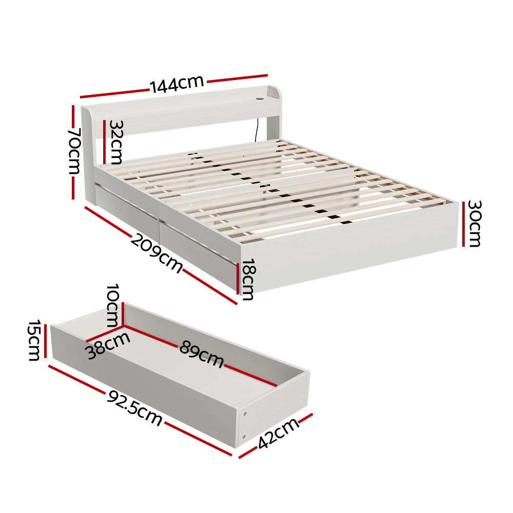 Artiss Bed Frame Double Size Mattress Base wtih Charging Ports 2 Storage Drawers - 0