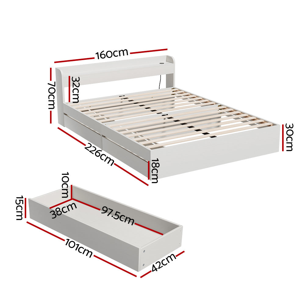 Artiss Bed Frame Queen Size Mattress Base wtih Charging Ports 2 Storage Drawers - 0