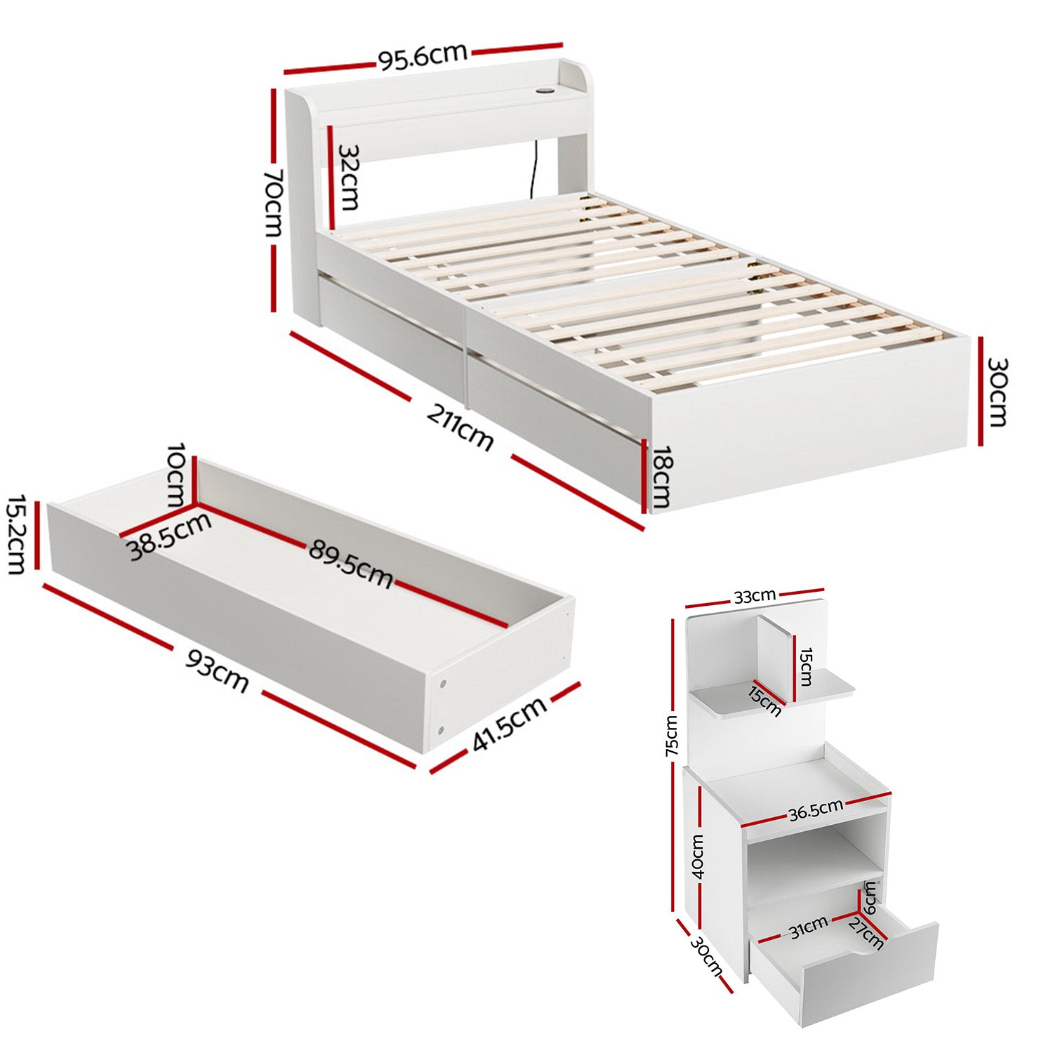 Artiss Single Bed Frame with Charging Ports and Bedside Table - 0