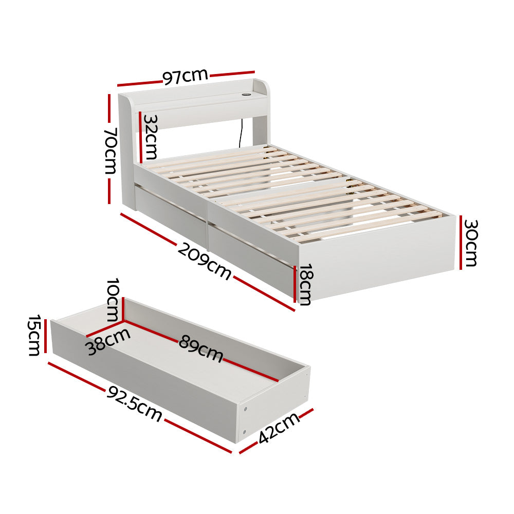 Artiss Bed Frame Single Size Mattress Base wtih Charging Ports 2 Storage Drawers - 0