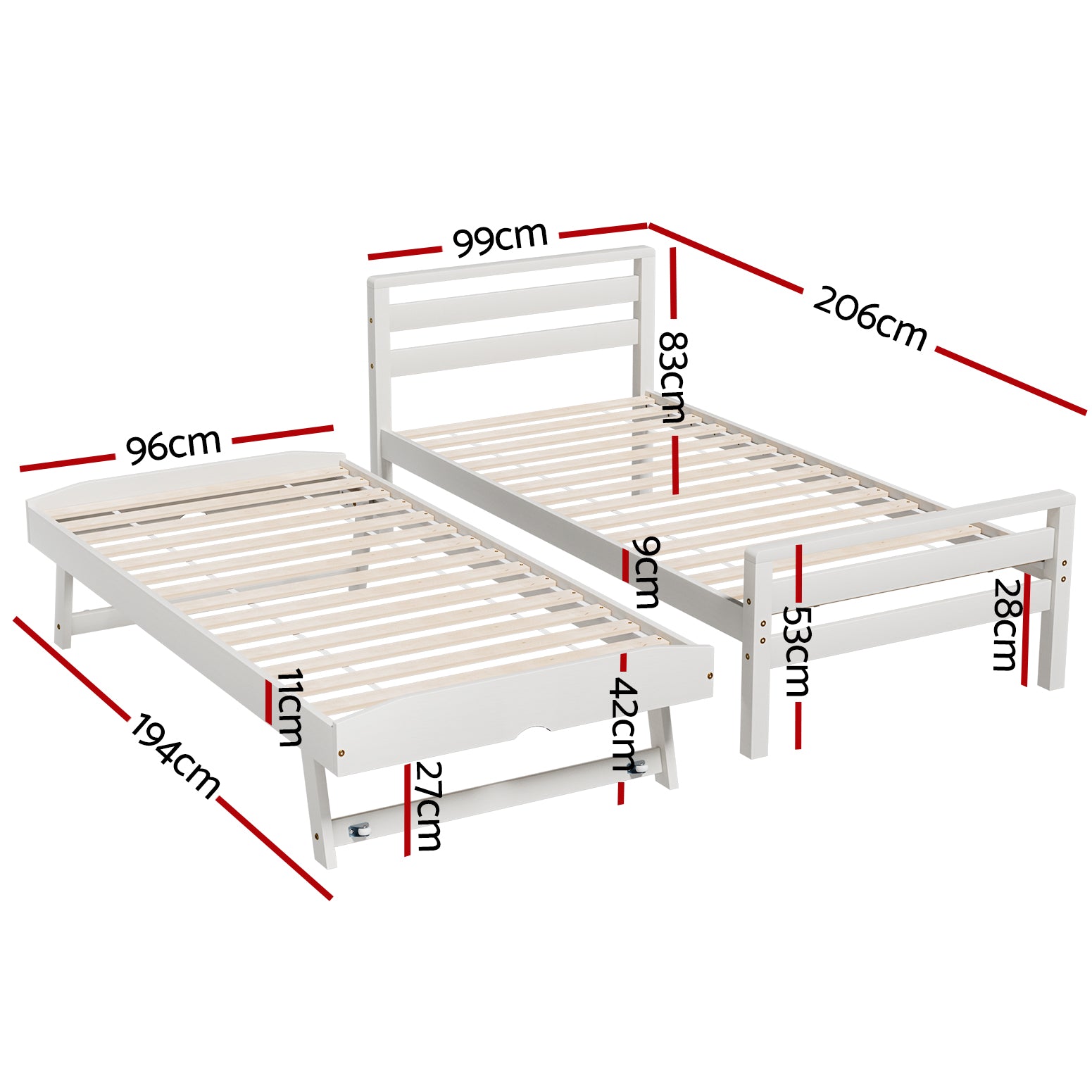 Artiss Bed Frame Single Size 2-in-1 Trundle Wooden White AVIS - 0