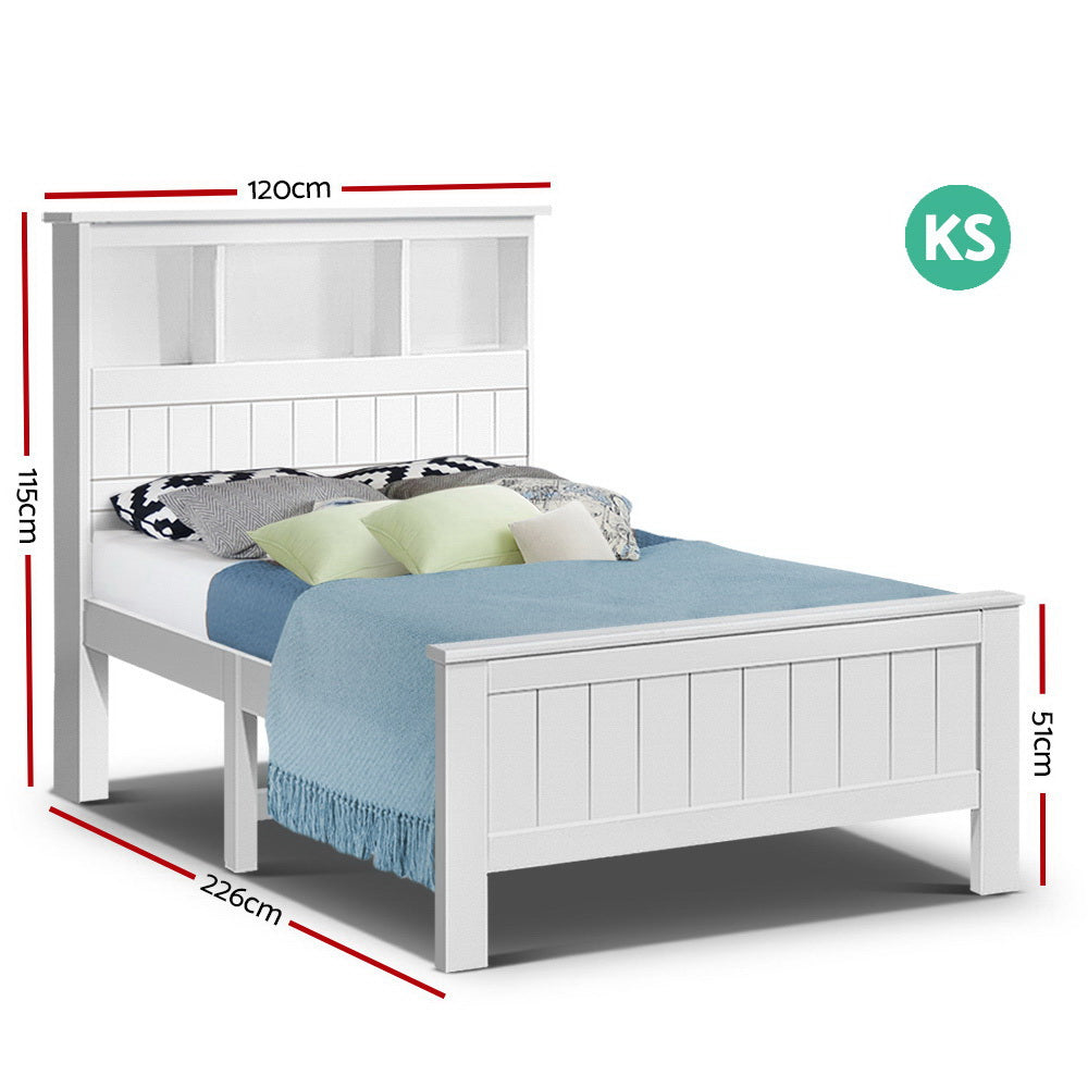 Artiss Bed Frame King Single Size Wooden with 3 Shelves Bed Head White - 0