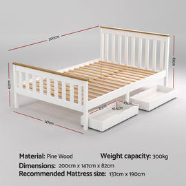 Artiss Bed Frame Double Size Wooden Platform with 2 Storage Drawers White PONY - 0