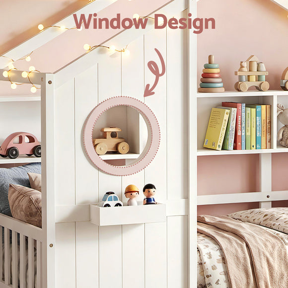 Artiss Kids Single Bed Frame with 3 Storage Bookcase & 2 Drawers House Bed Solid Wood Montessori Bed Easy Assembly White