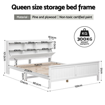 Artiss Queen Bed Frame with Storage Headboard and Footboard Wooden Bed Base White - 0