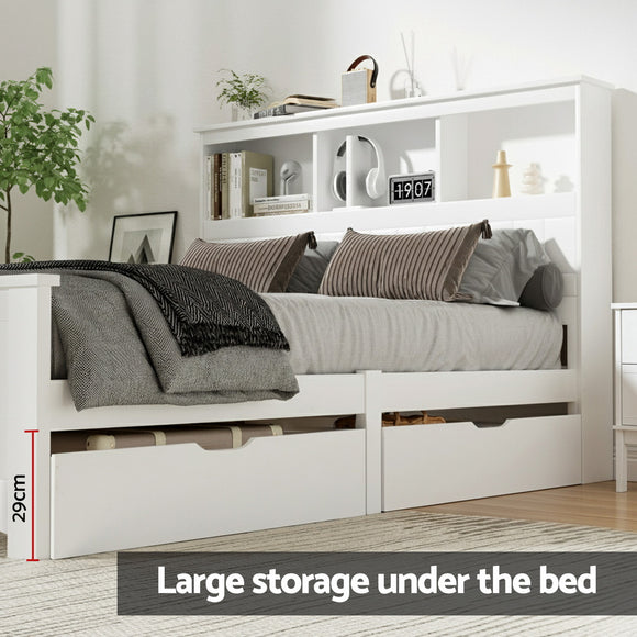 Artiss Bed Frame Double Size Wooden with 3 Shelves Bed Head White