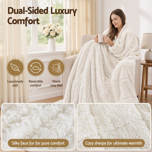 Giselle Faux Fur Weighted Blanket 2 Sided Long Pile Sherpa Reverse Cream 5.5KG 120 x 180cm