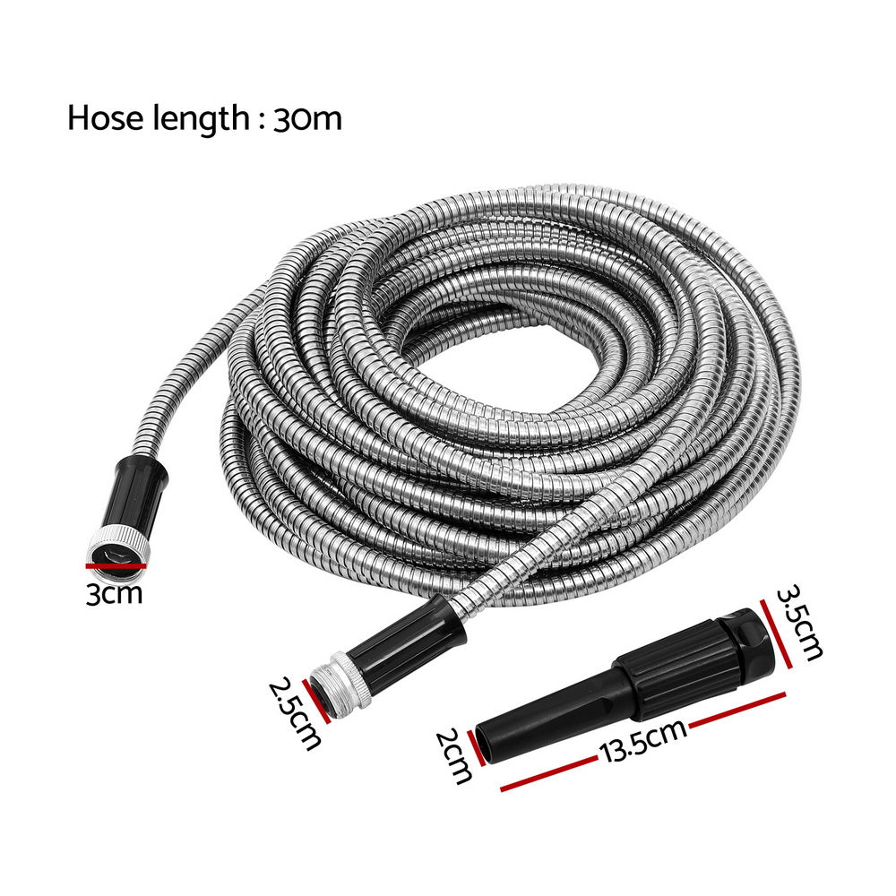 Giantz Water Hose Stainless Steel 30M with Spray Nozzle - 0