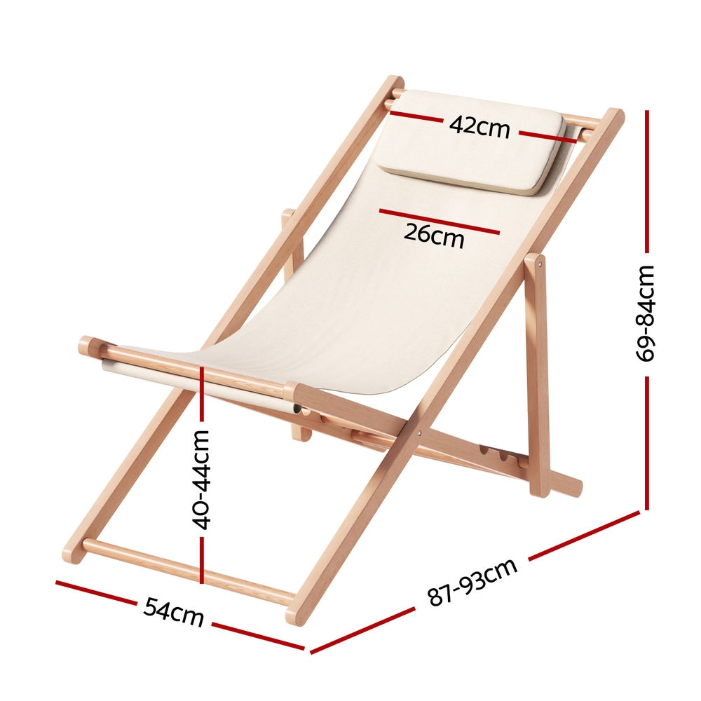 Gardeon Outdoor Deck Chair Wooden Sun Lounge Folding Beach Patio Furniture Beige - 0