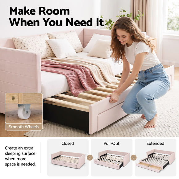 Artiss Single Extendable Daybed with 2 Storage Drawers, Pink