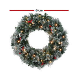 Jingle Jollys 60cm Christmas Wreath LED Lights Snowy Berries Garland Party Decor - 0