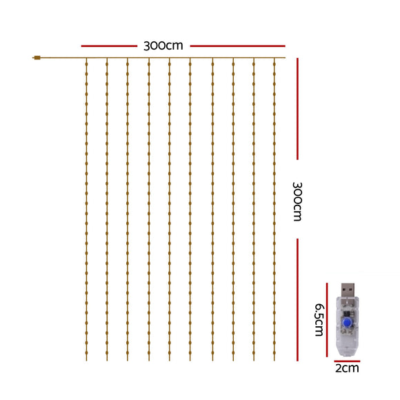 Jingle Jollys 3X3M Christmas Lights Curtain String Light 300 LED Warm White
