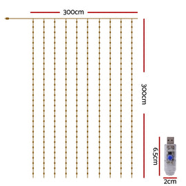 Jingle Jollys 3X3M Christmas Lights Curtain String Light 300 LED Warm White - 0