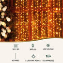 Jingle Jollys 3X3M Christmas Lights Curtain String Light 300 LED Warm White-4
