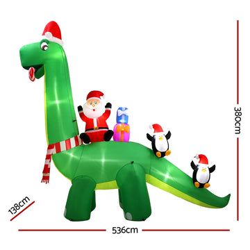 Jingle Jollys Christmas Inflatable Santa Dinosaur 3.8M Illuminated Decorations - 0
