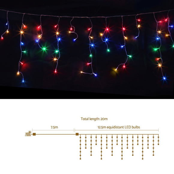Jingle Jollys 12.5M Solar Christmas Lights Icicle String Light Multi Colour