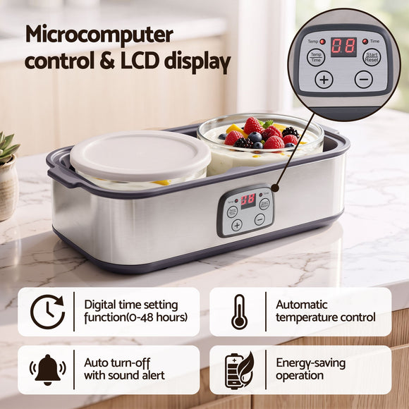 Devanti Greek Yoghurt Maker Machine 2x960ml Large Tubs Temp Control Grey