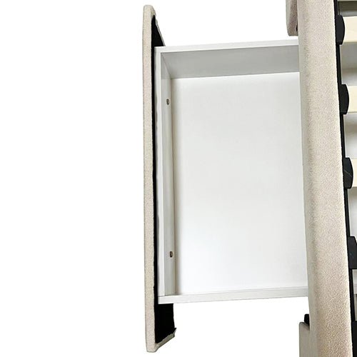 Alexa Queen Size High Rise Headboard Linen Beige Fabric Four MDF Drawers with Wheels Bed Frame - RnR Galore