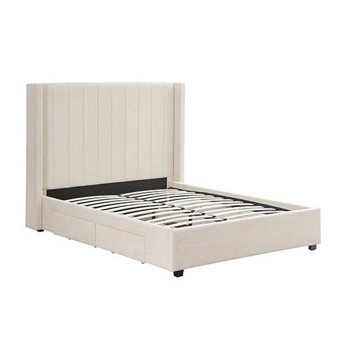 Alexa Queen Size High Rise Headboard Linen Beige Fabric Four MDF Drawers with Wheels Bed Frame - RnR Galore