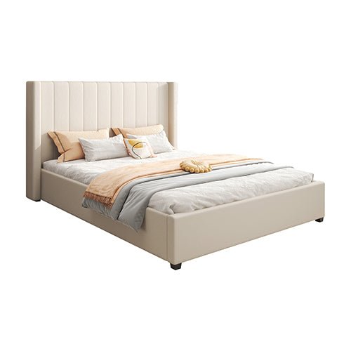 Alexa Queen Size High Rise Headboard Linen Beige Fabric Four MDF Drawers with Wheels Bed Frame - RnR Galore