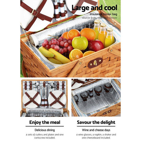 Alfresco 4 Person Picnic Basket Set Wooden Blanket Bag Insulated - RnR Galore