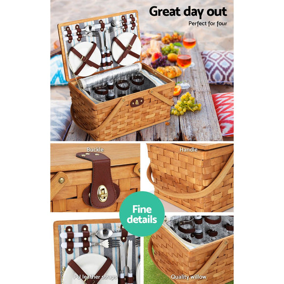 Alfresco 4 Person Picnic Basket Set Wooden Blanket Bag Insulated - RnR Galore