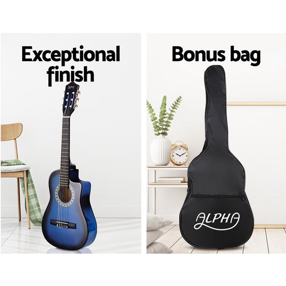 Alpha 34 Inch Classical Guitar Wooden Body Nylon String w/ Stand Beignner Blue - RnR Galore