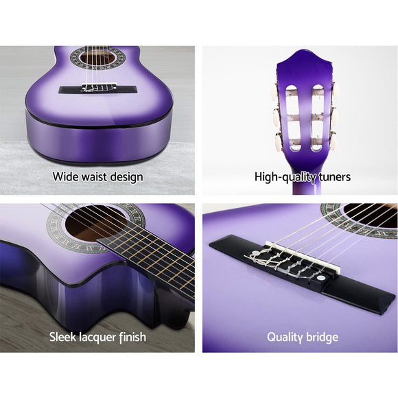 Alpha 34 Inch Classical Guitar Wooden Body Nylon String w/ Stand Beignner Purple - RnR Galore