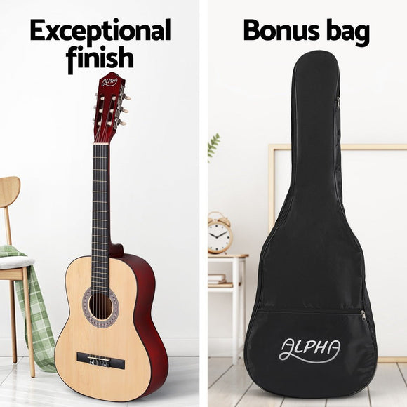 Alpha 39 Inch Classical Guitar Wooden Body Nylon String Beginner Gift Natural - RnR Galore