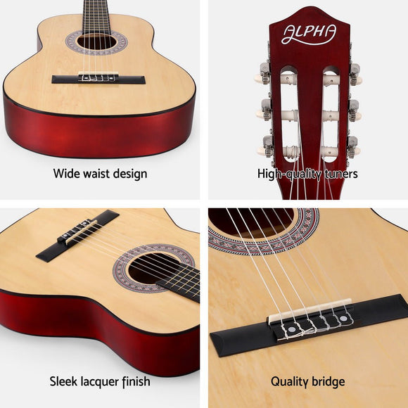 Alpha 39 Inch Classical Guitar Wooden Body Nylon String Beginner Gift Natural - RnR Galore