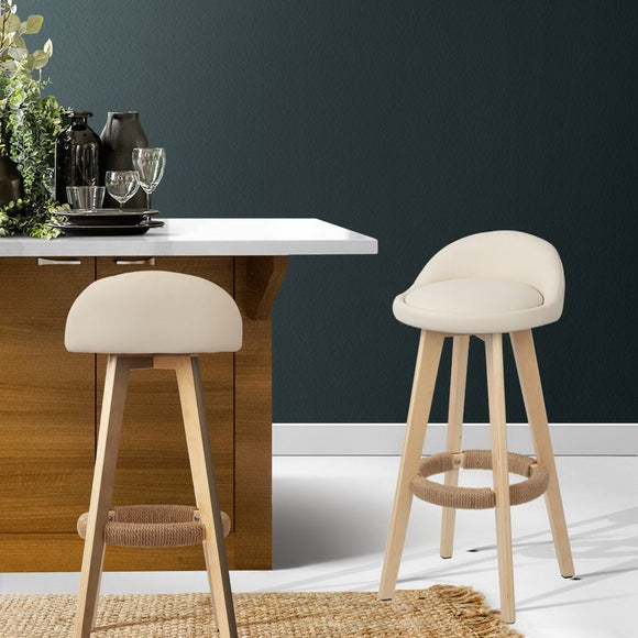 Artiss 2x Bar Stools Padded Leather Wooden Beige - RnR Galore