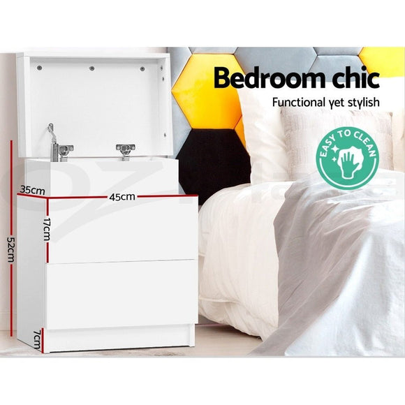 Artiss 2X Bedside Table 2 Drawers Lift - up Storage White - RnR Galore