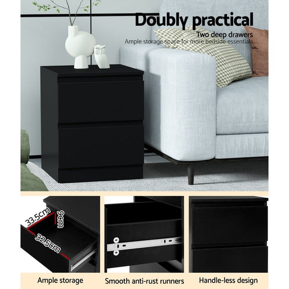 Artiss 2x Bedside Table 2 Drawers - PEPE Black - RnR Galore