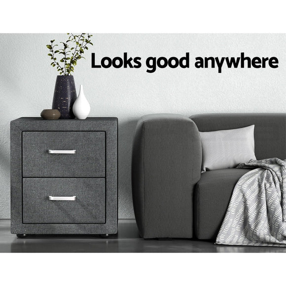 Artiss 2X Bedside Table 2 Drawers Side Table Fabric - CADEN Grey - RnR Galore