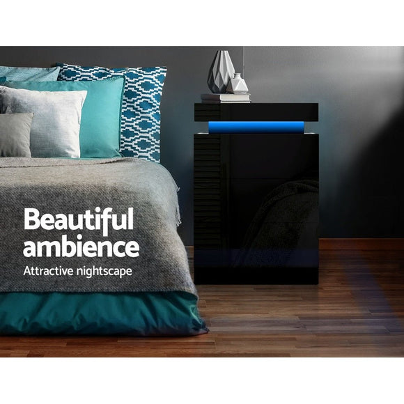 Artiss 2X Bedside Table LED 3 Drawers - COLEY Black - RnR Galore