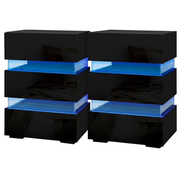 Artiss 2x Bedside Table LED 3 Drawers - LUMI Black - RnR Galore