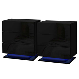 Artiss 2x Bedside Table LED 3 Drawers - MORI Black - RnR Galore