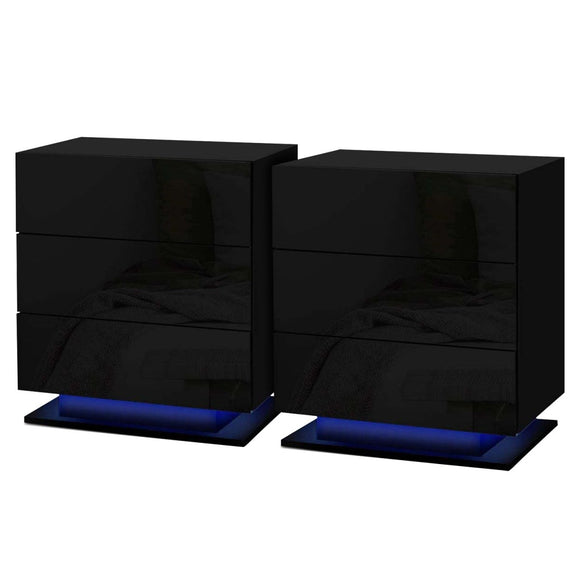 Artiss 2x Bedside Table LED 3 Drawers - MORI Black - RnR Galore