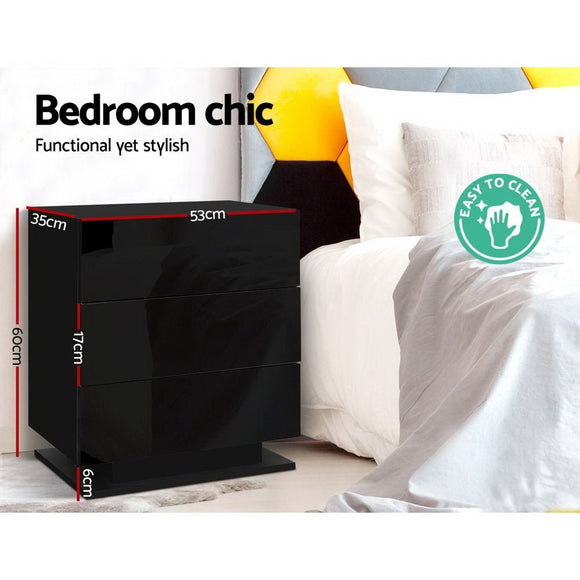 Artiss 2x Bedside Table LED 3 Drawers - MORI Black - RnR Galore