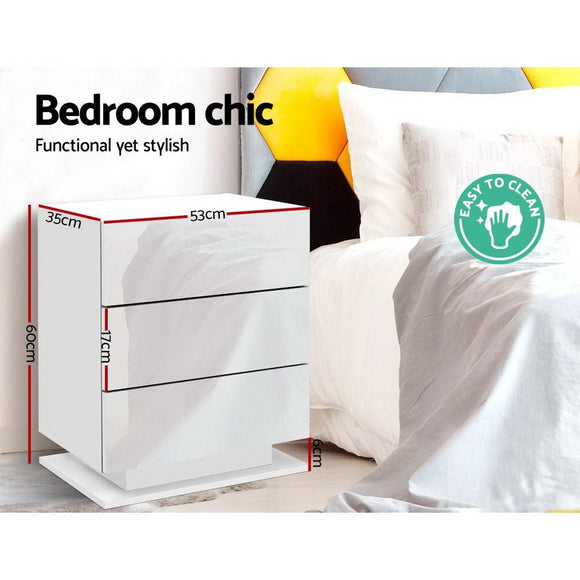 Artiss 2x Bedside Table LED 3 Drawers - MORI White - RnR Galore