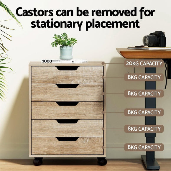 Artiss 5 - Drawer Filing Cabinet Mobile Rolling Storage Cabinet Chest of Drawers Stand Scratch Beige - RnR Galore