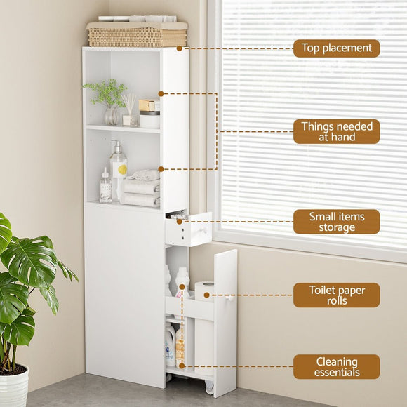 Artiss Bathroom Cabinet Storage Slim Organiser Drawer Toilet Corner 135cm White - RnR Galore