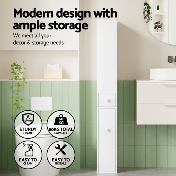 Artiss Bathroom Cabinet Storage Slim Organiser Drawer Toilet Corner 135cm White - RnR Galore