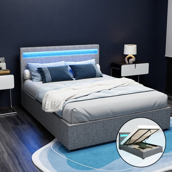 Artiss Bed Frame Double Size LED Gas Lift Grey COLE - RnR Galore