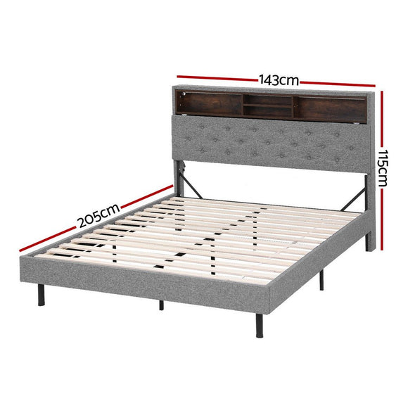 Artiss Bed Frame Double Size LED Mattress Base Platform with Storage Shelf Hidden Storage Box Grey - RnR Galore