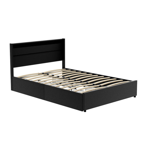 Artiss Bed Frame Double Size LED with 4 Drawers Black DUNN - RnR Galore
