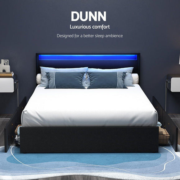 Artiss Bed Frame Double Size LED with 4 Drawers Black DUNN - RnR Galore