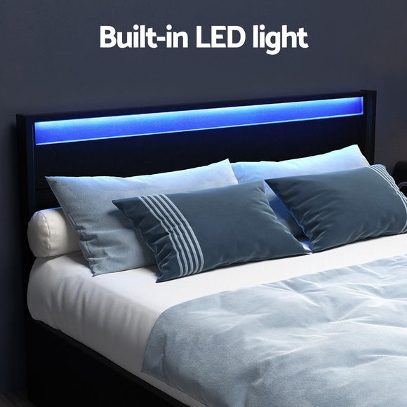 Artiss Bed Frame Double Size LED with 4 Drawers Black DUNN - RnR Galore