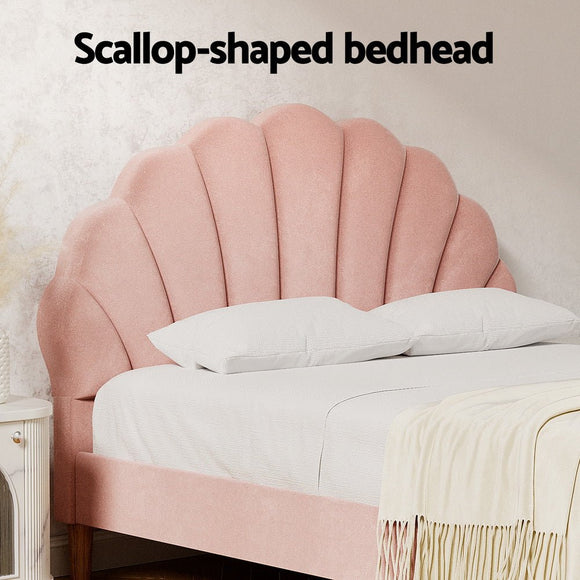 Artiss Bed Frame Double Size Scallop - Shape Bedhead Beds Base Pink Velvet Fabric - RnR Galore
